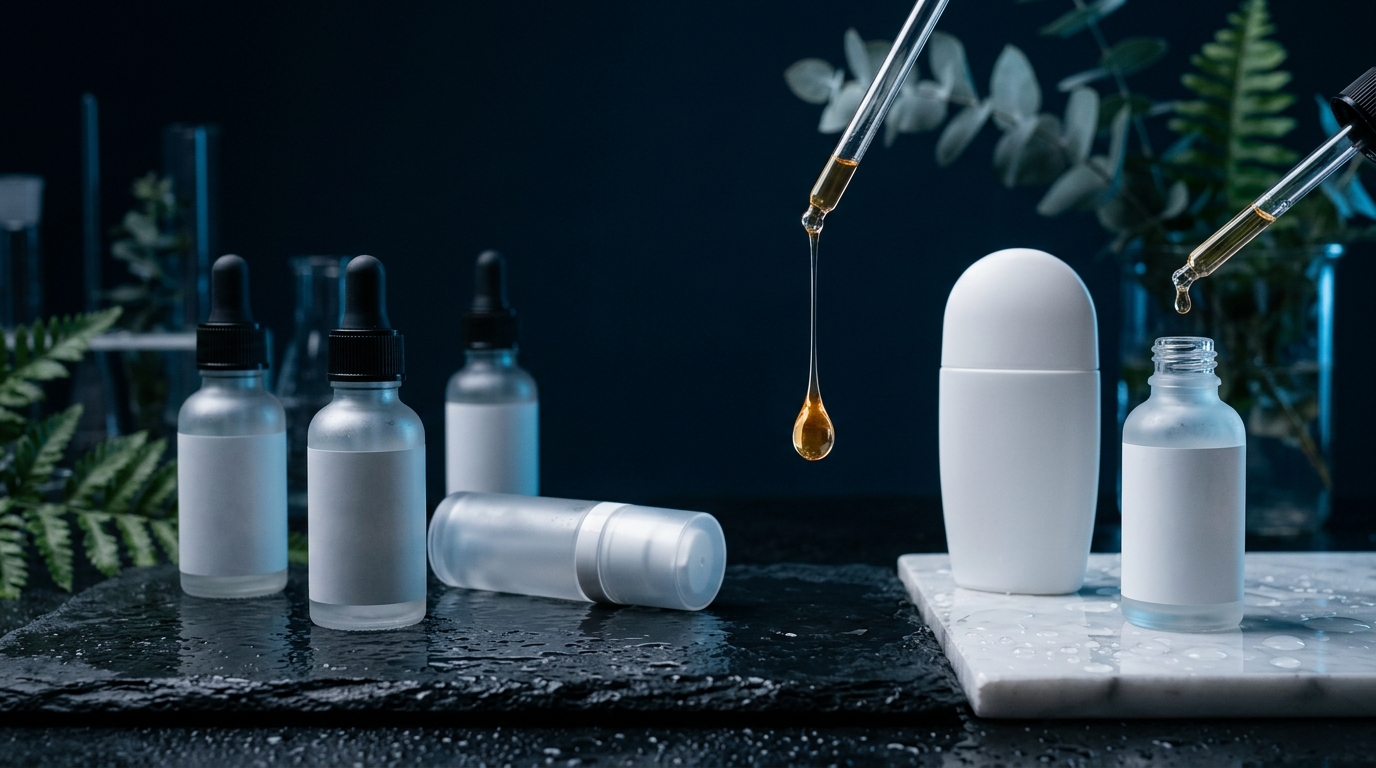 Koyu lacivert zeminde etiketsiz serum damlalıkları ve cilt bakım şişeleri; dermokozmetik ürün sunumu